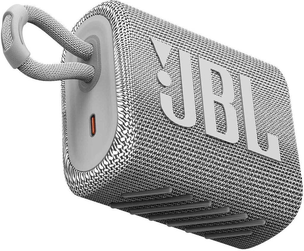 JBL GO 3 - Wireless Bluetooth Portable Speaker with Integrated Loop for Travel with USB C Charging Cable in White Grey