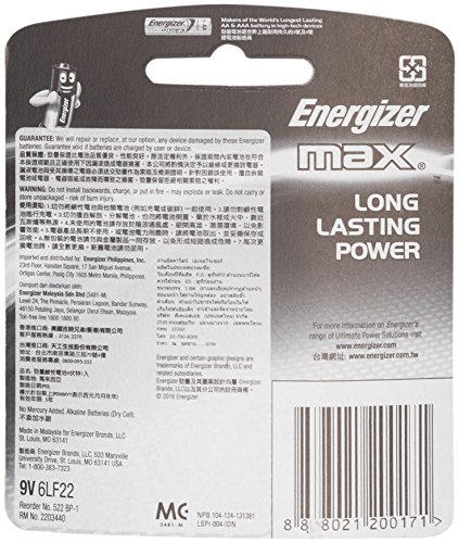 Energizer Alkaline Batteries 522bp1 9v