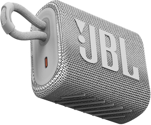 JBL GO 3 - Wireless Bluetooth Portable Speaker with Integrated Loop for Travel with USB C Charging Cable in White Grey